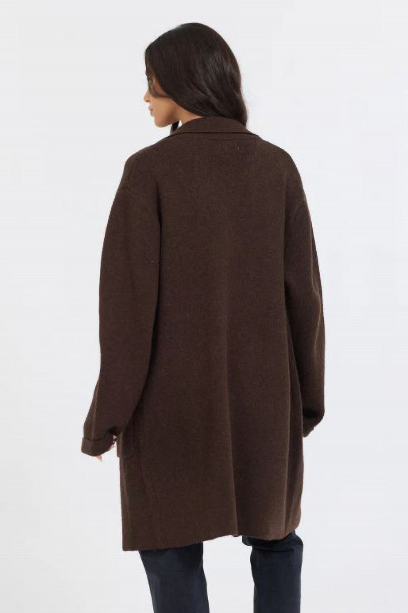Mid length coat sweater cardigan in deep brown back view