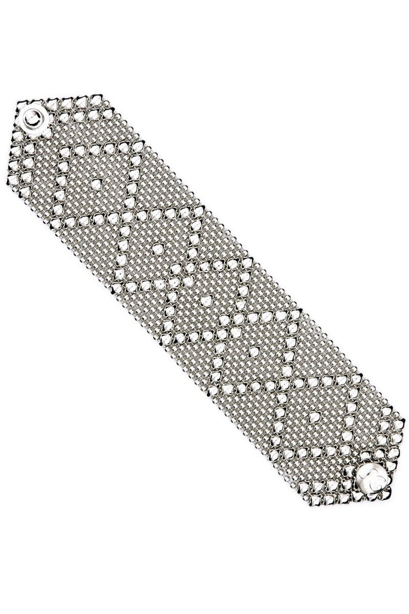 front shows Classic Mesh Design cuff bracelet, Polished Nickel, Snap Closure. Shown opened.