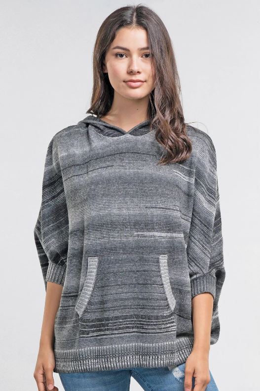 Space dyed boyfriend hoody with pocket in heather grey black front view