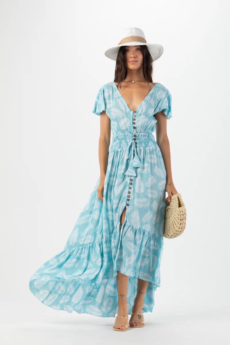 New moon maxi dress in palm dusty blue front view