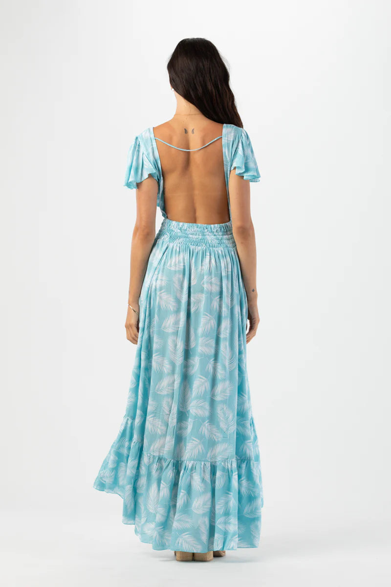 New moon maxi dress in palm dusty blue back view