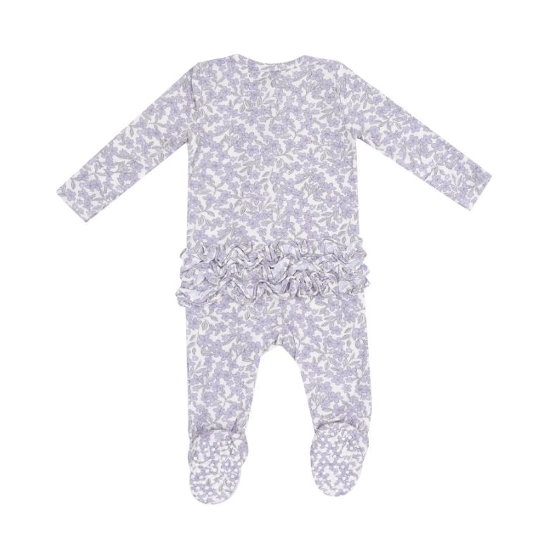 Ruffle back zipper front forget me floral purple back view