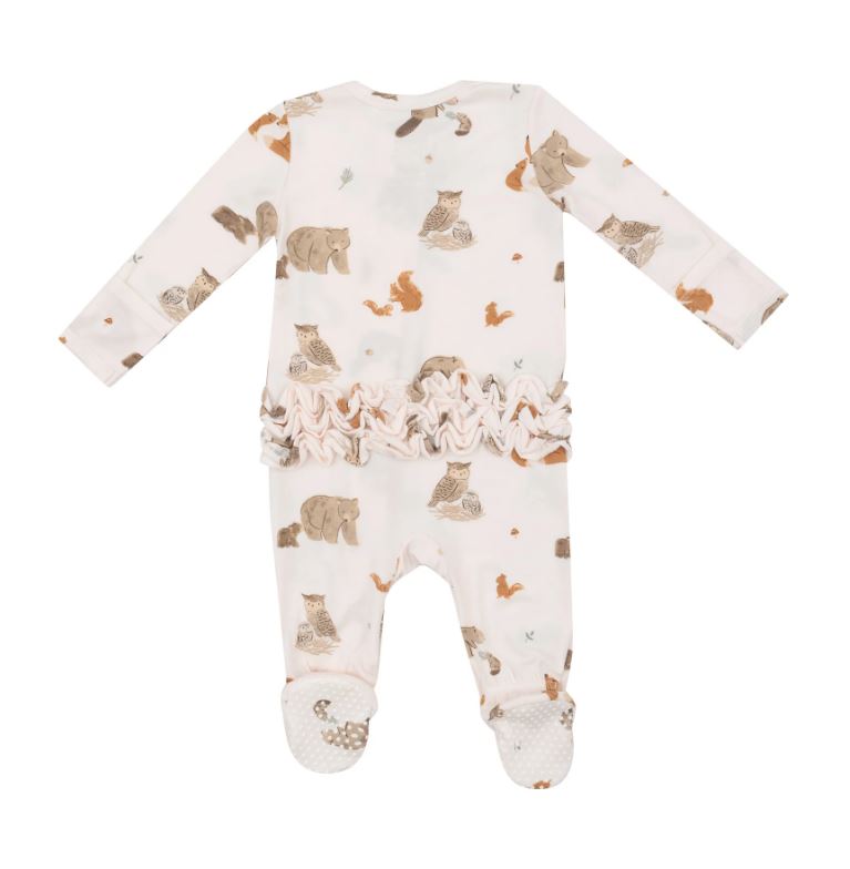 Ruffle back zipper woodland animal back view