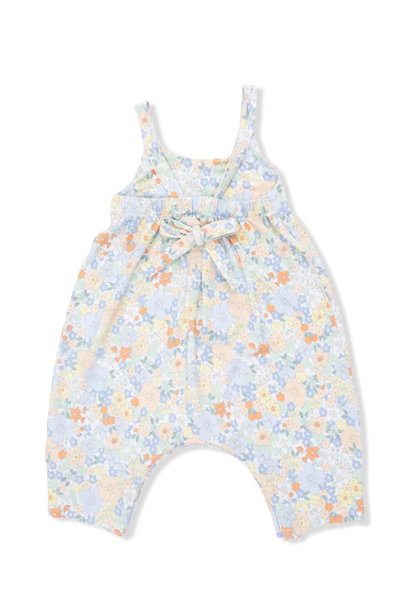 Pastel light-blue floral tie-back romper with tied back detail