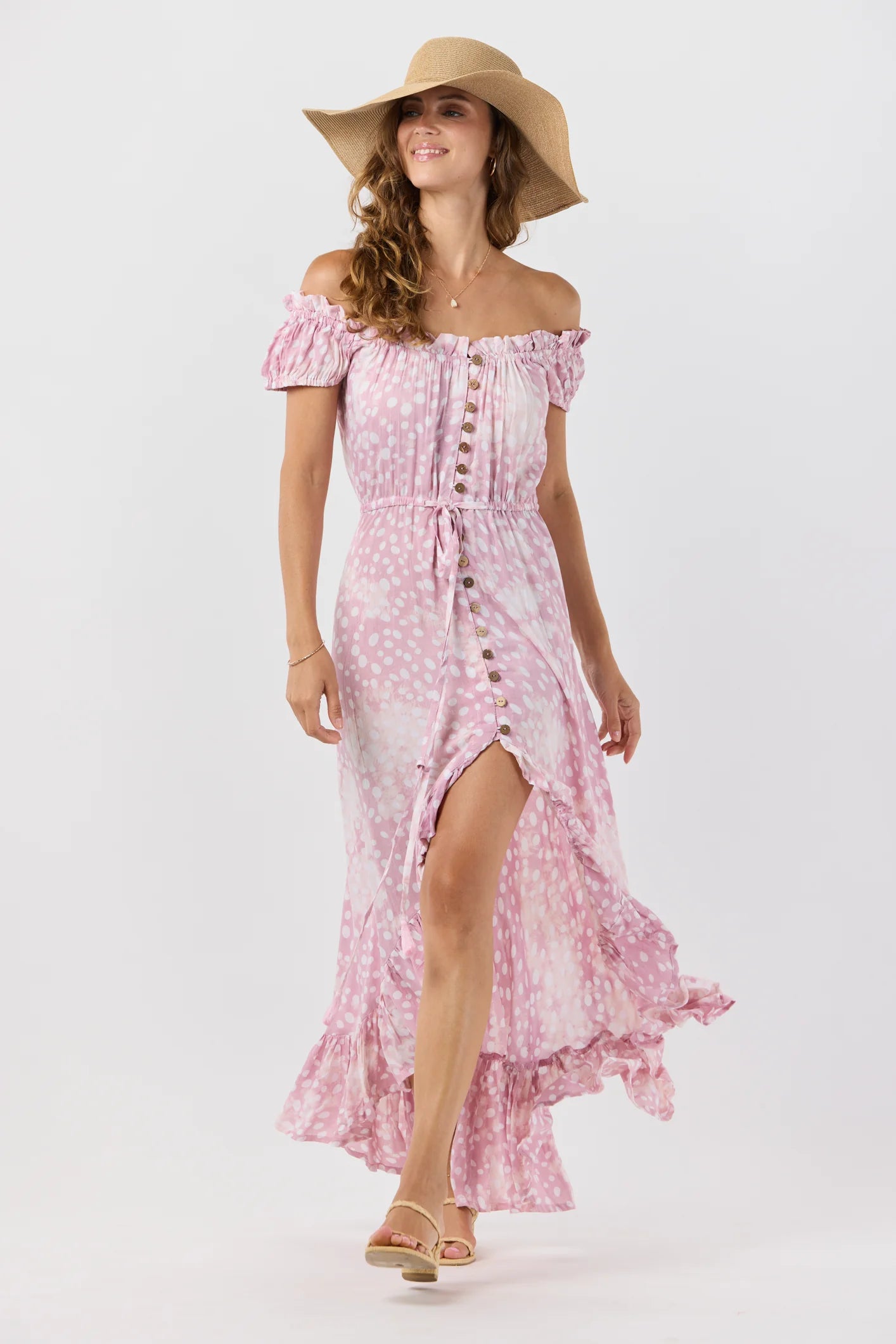 Riviera maxi dress in pebbles mauve smoke front view