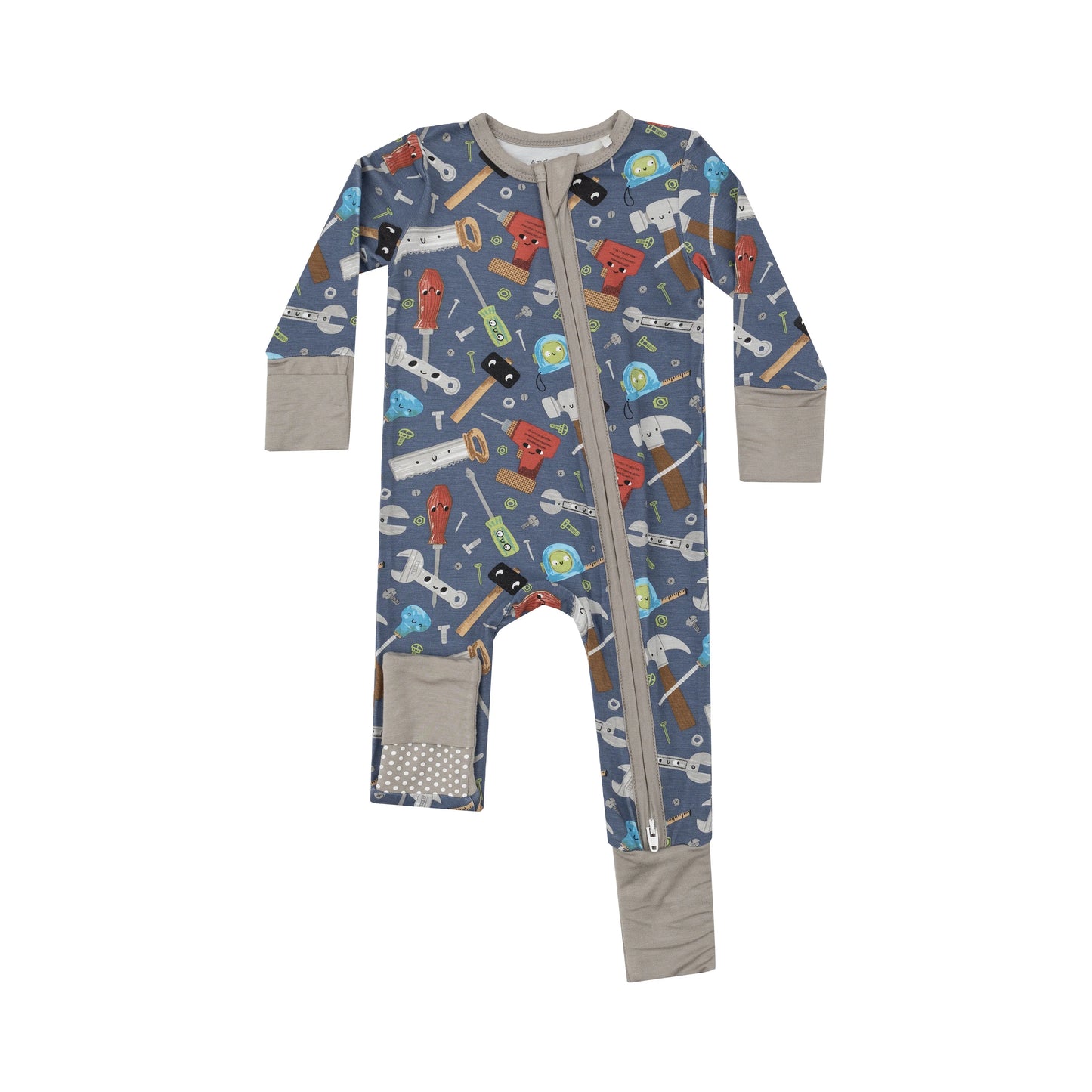 Printed zipper onesie in happy toolbox