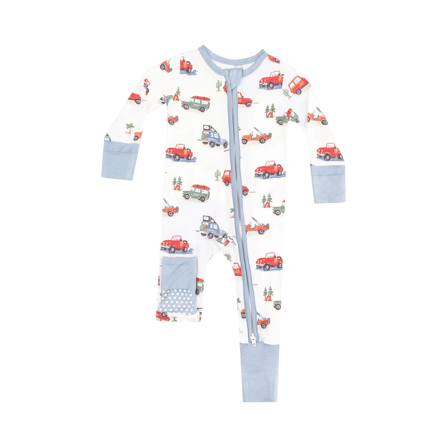 Printed zipper onesie in off road adventure