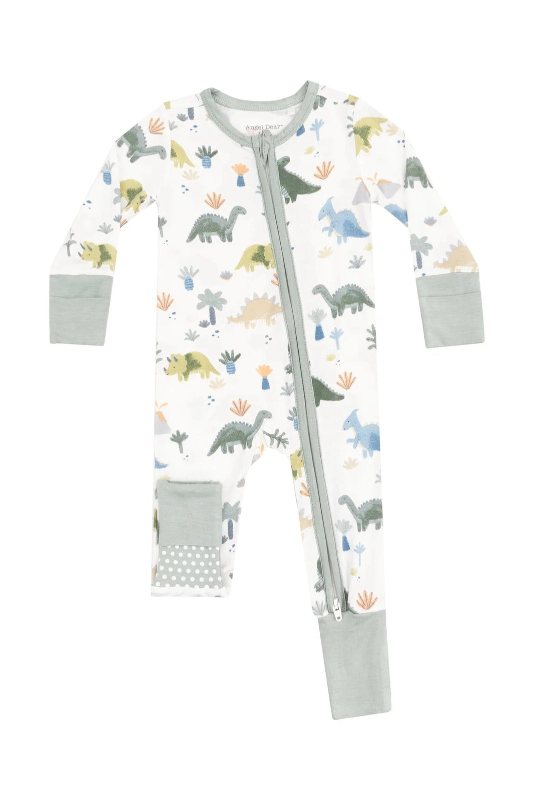 Printed zipper onesie with dinosaur pattern, long sleeves, footed—light gray/white.