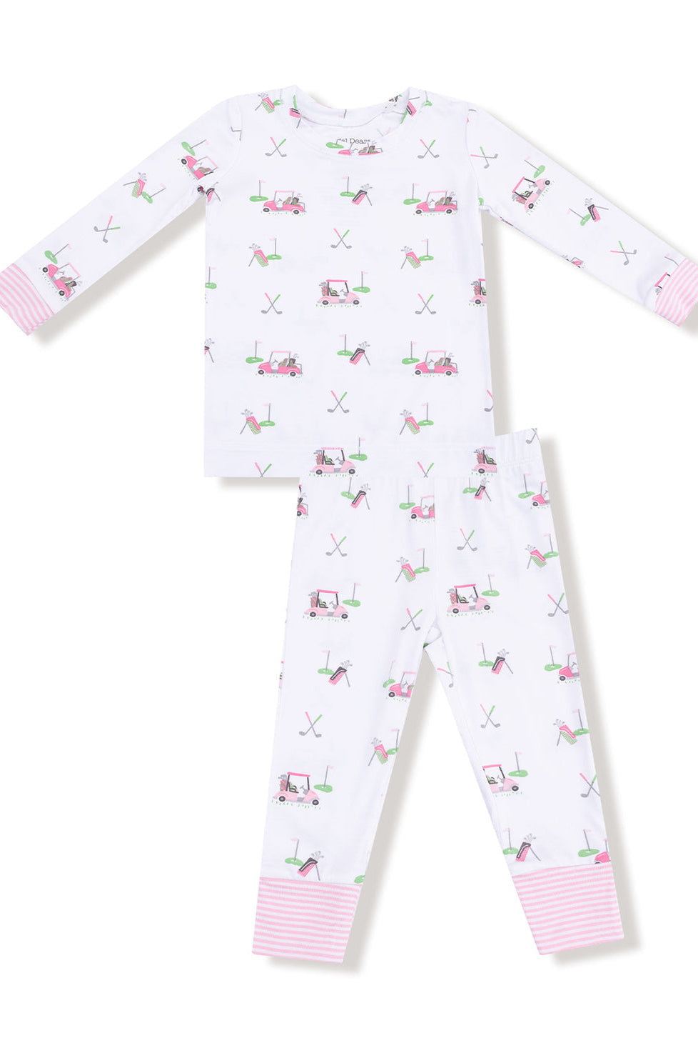 A two-piece children's pajama set featuring a long-sleeve top and matching pants. The pajamas are white with a repeating pattern of pink golfcarts and flags on greens, finished with pink and white striped cuffs on the top and striped ankle cuffs on the pants.