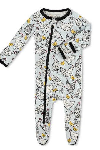 White printed footie onesie with zip-front, long sleeves, duck and bird pattern with black trim