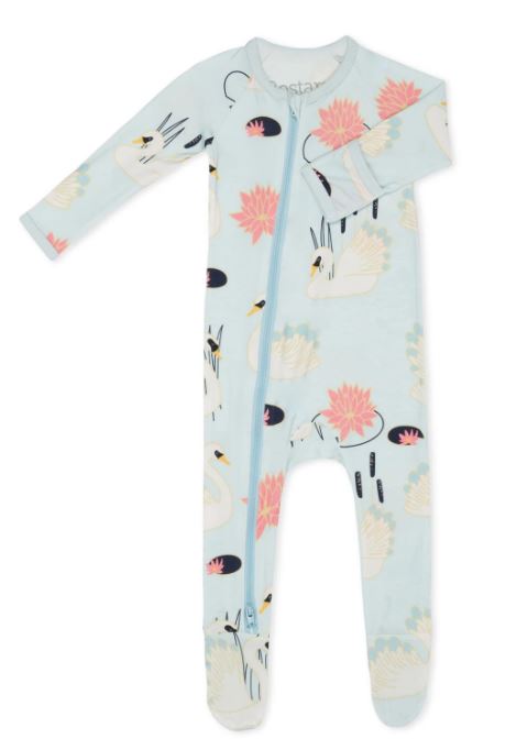 Printed footie in swan song powder blue
