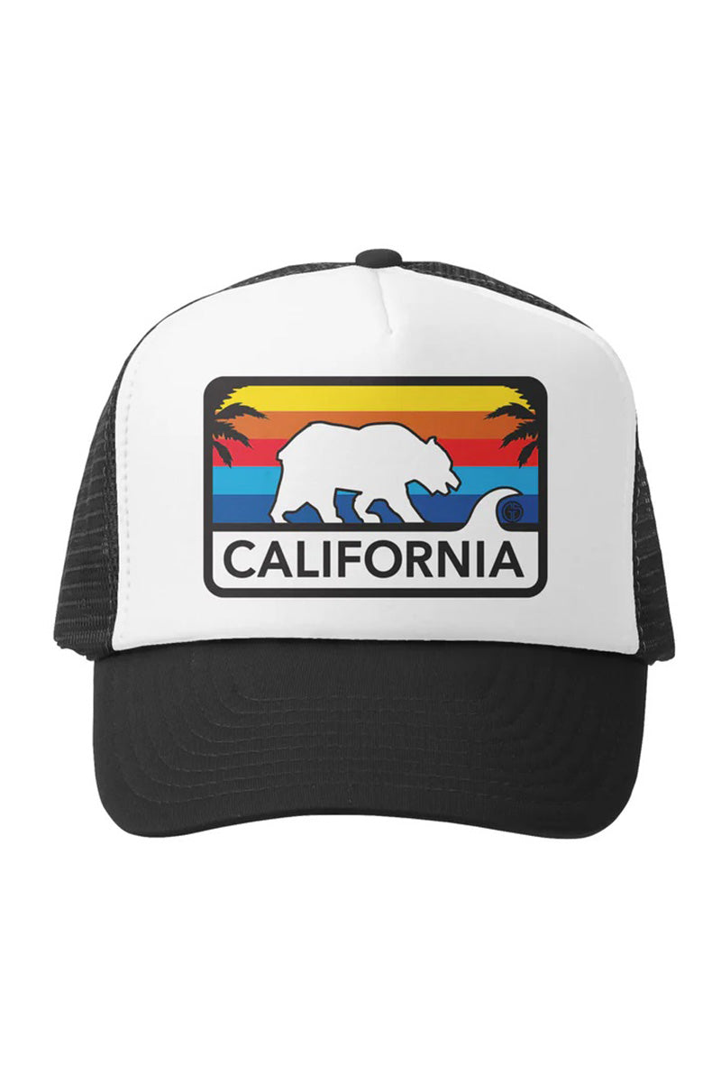 Two-tone trucker hat with California bear and license plate front patch