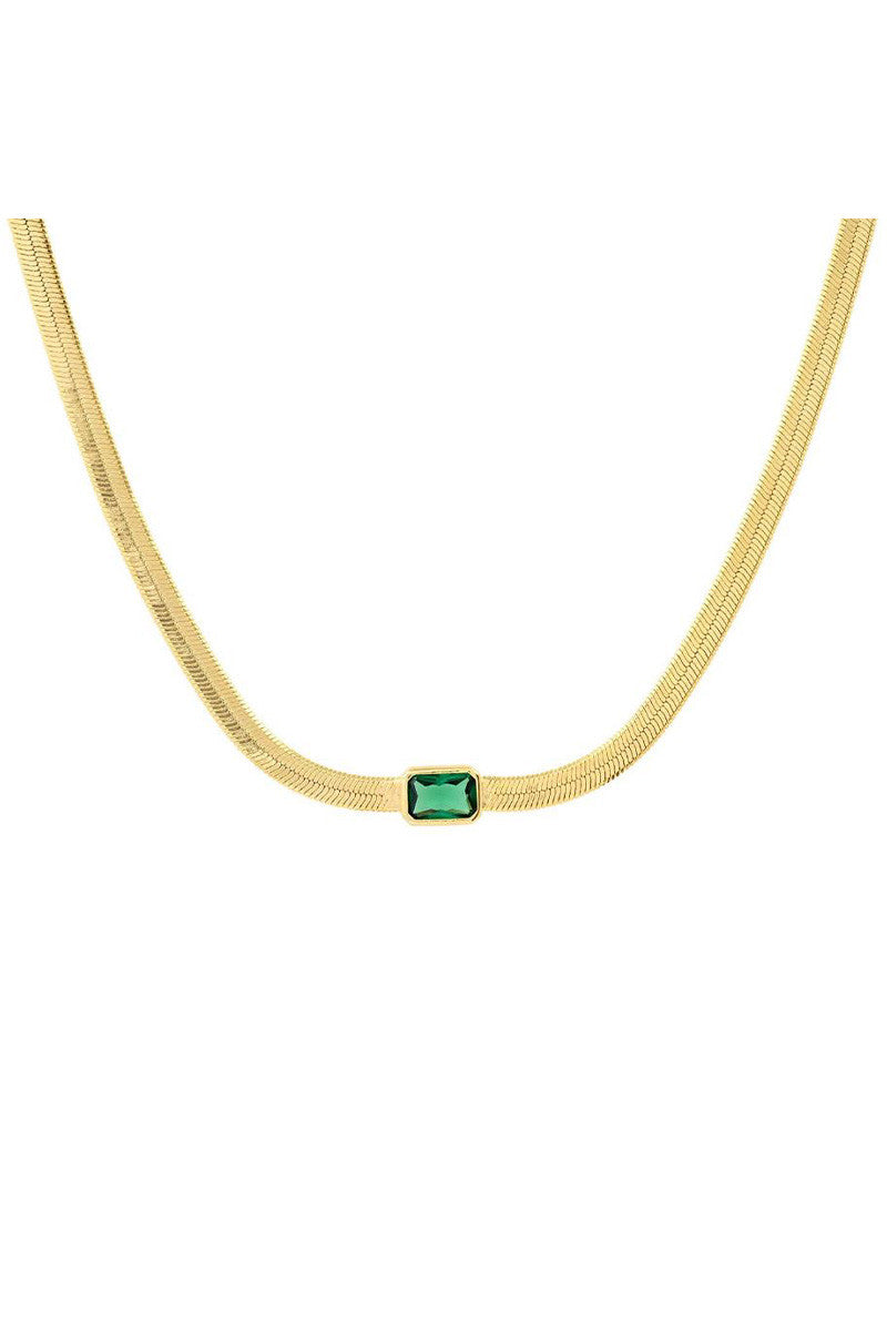 gold herringbone chain necklace with green stone