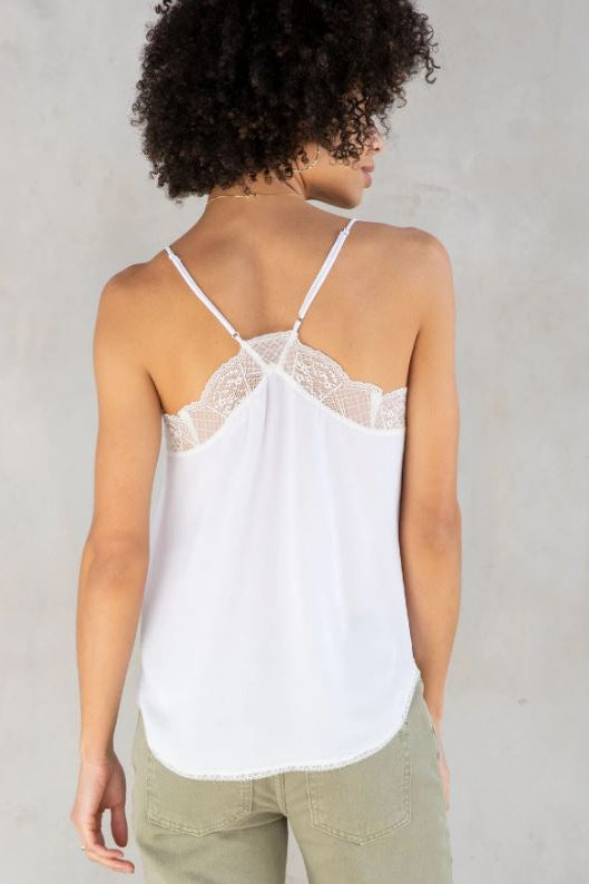 Chalk white lace-trim tank top with thin straps and open back