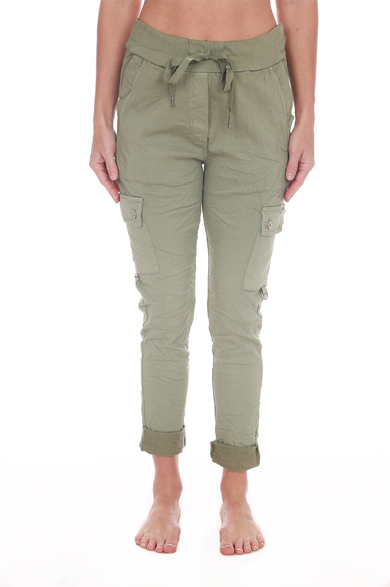 Cargo crinkle joggers in army green front view