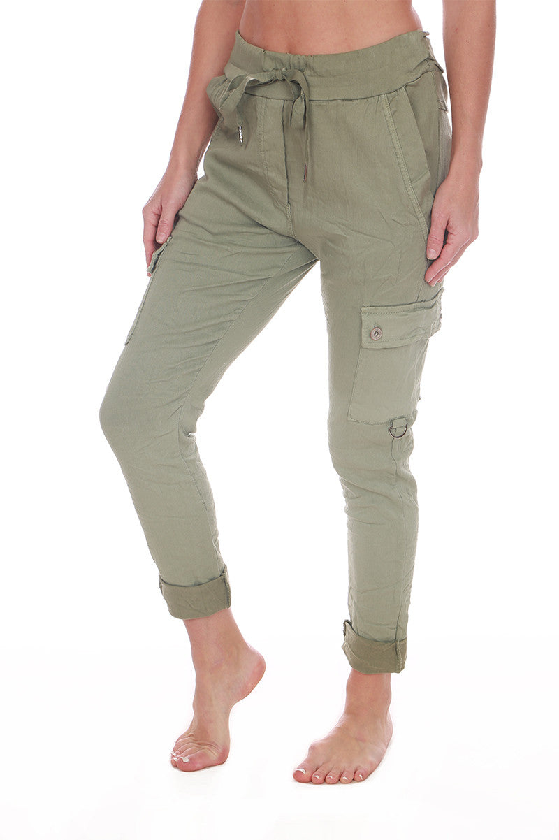 Cargo crinkle joggers in army green side view