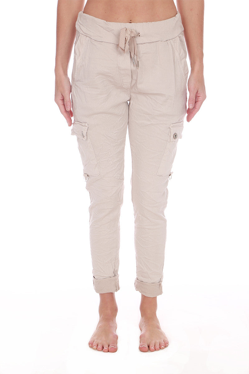 Cargo crinkle joggers in beige front view