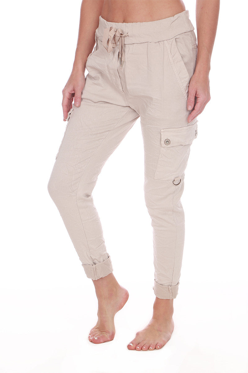 Cargo crinkle joggers in beige side view