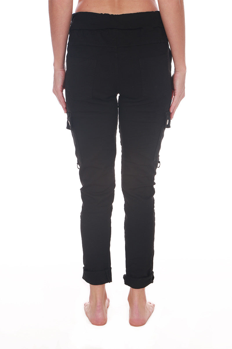 Cargo crinkle joggers in black back view