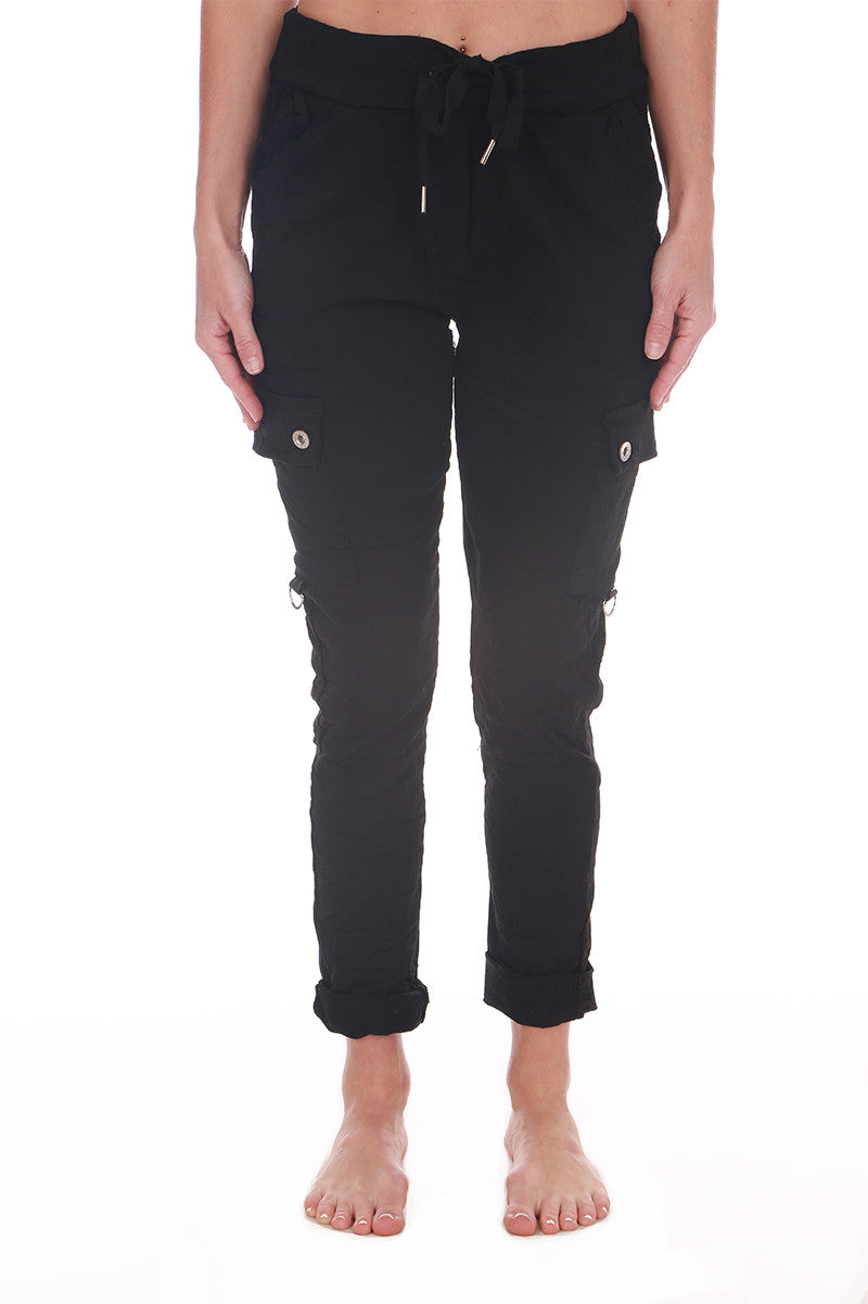 Cargo crinkle joggers in black front view