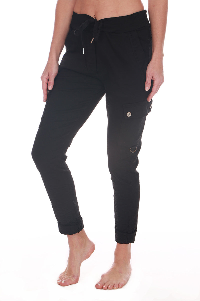 Cargo crinkle joggers in black side view