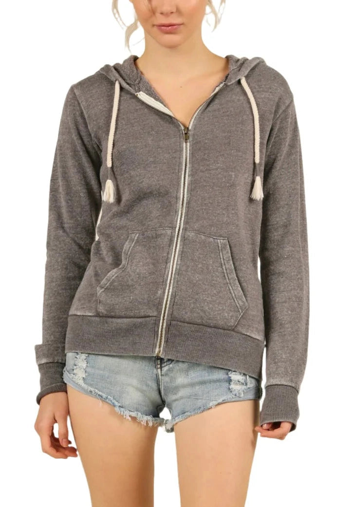 Steel grey zip-up burnout hoodie with hood, drawstrings, and kangaroo pocket