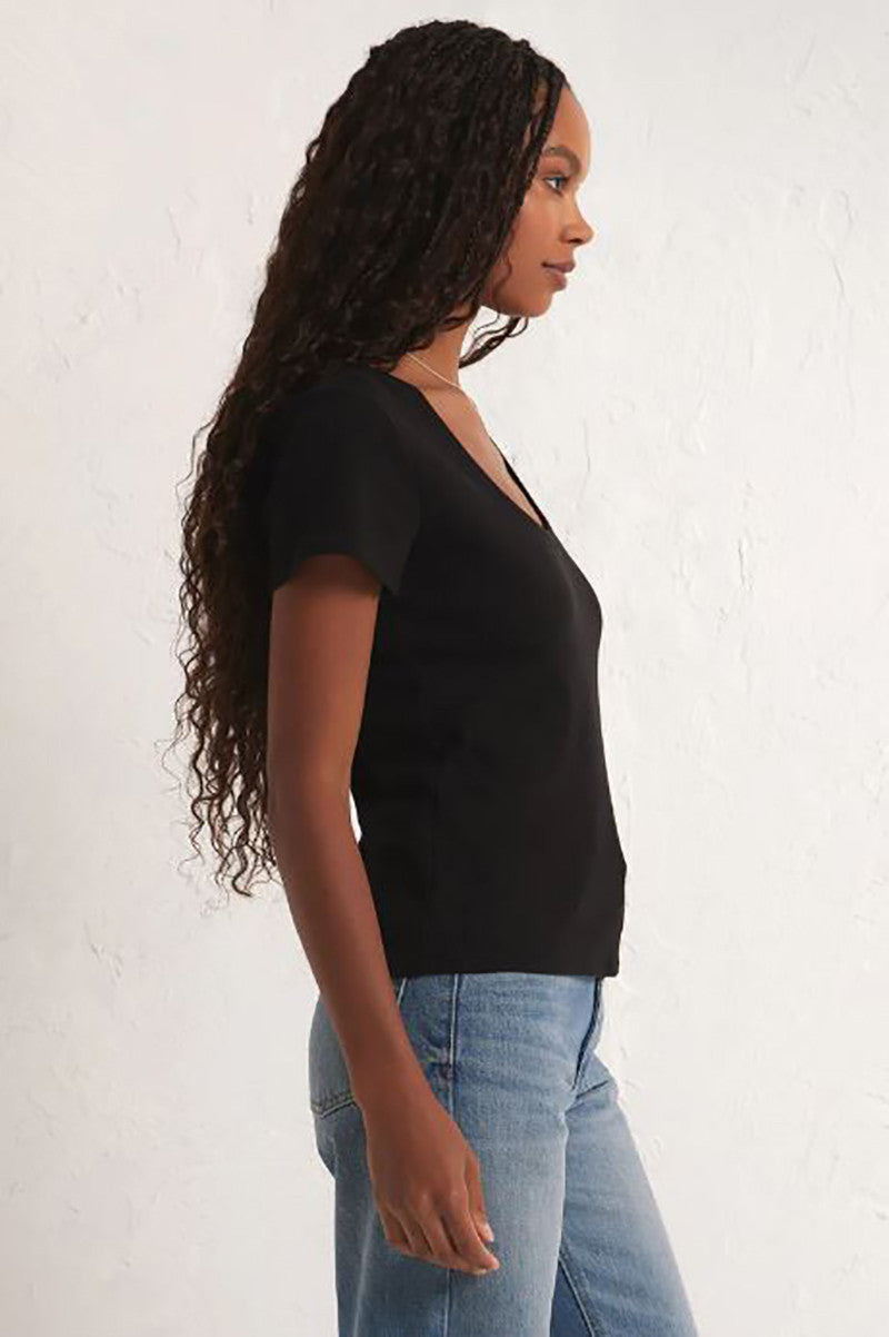 SIRENA Short Sleeve Tee in black, side view; scoop neck and short sleeves.