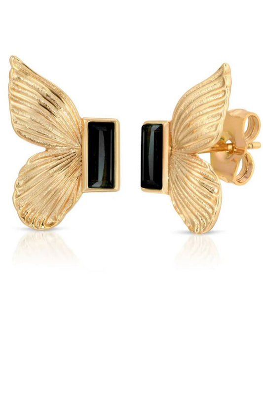 Gem butterfly studs in gold and onyx