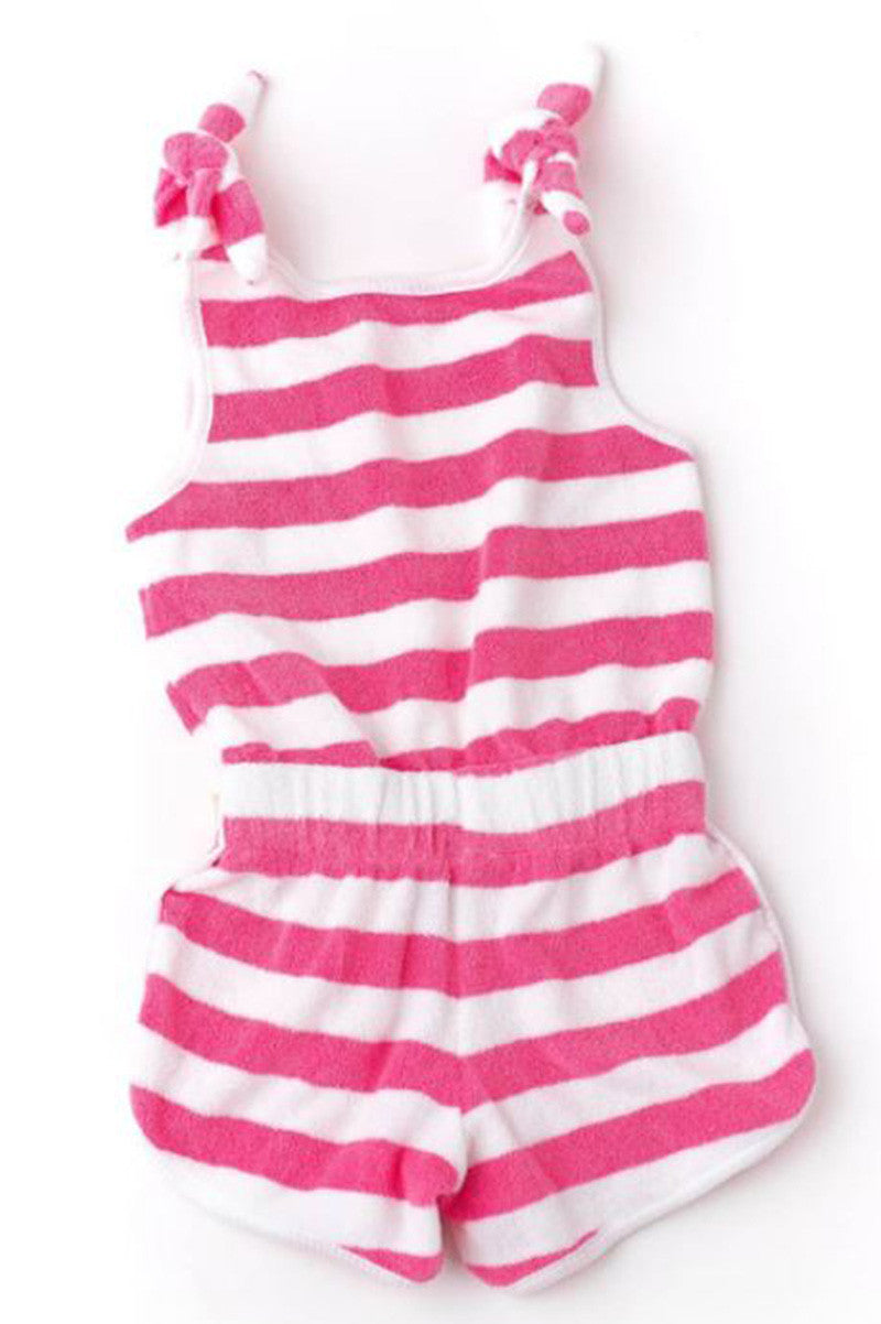 Terry cloth romper in pink stripe back view