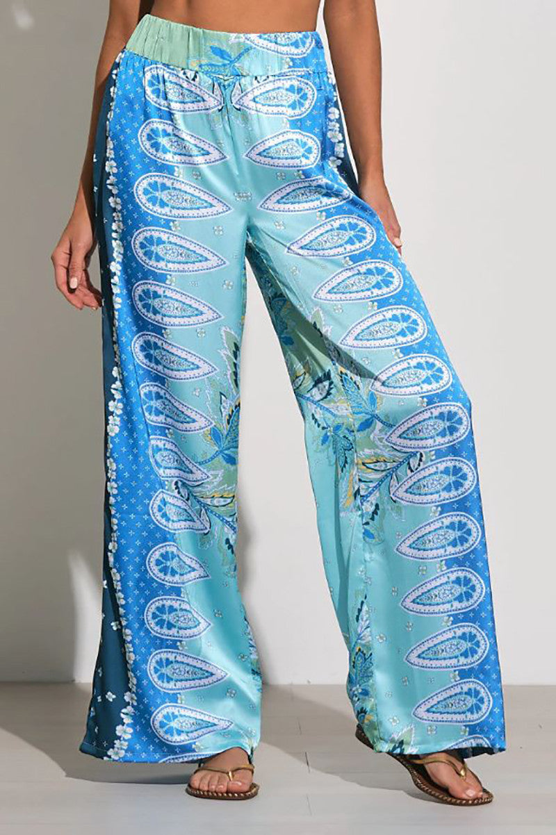 Elastic waistband pant in blue bali print front view