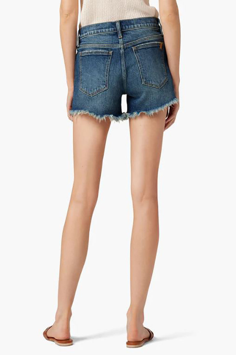 THE OZZIE mid-rise 4" denim shorts back view, dark blue, two patch pockets