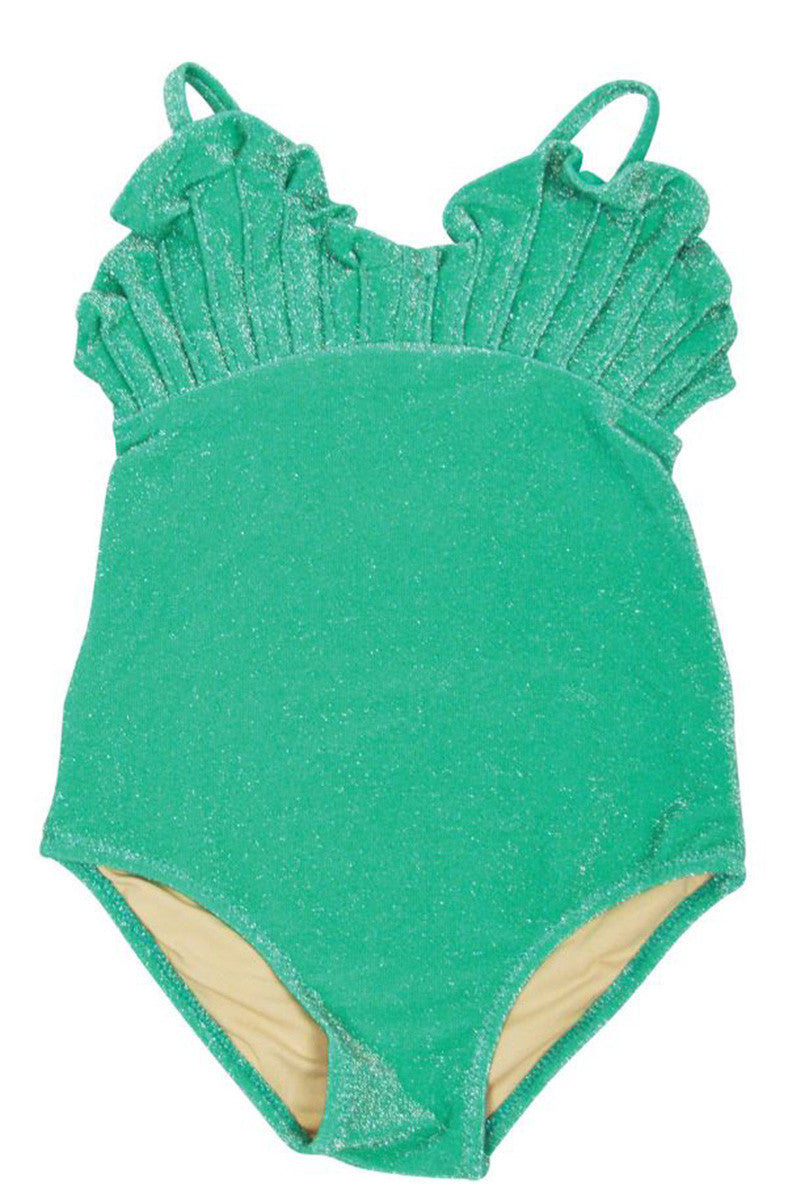 Shimmer shell 1 piece swimsuit in green front view