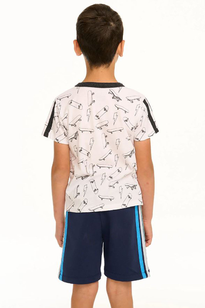 Short sleeve tee skateboard and lightning in white back view