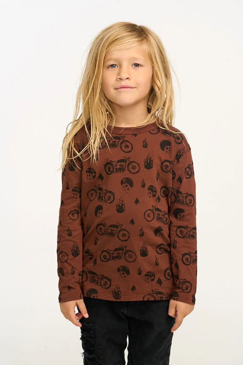 Long sleeve moto flames crew neck tee in coffee front view