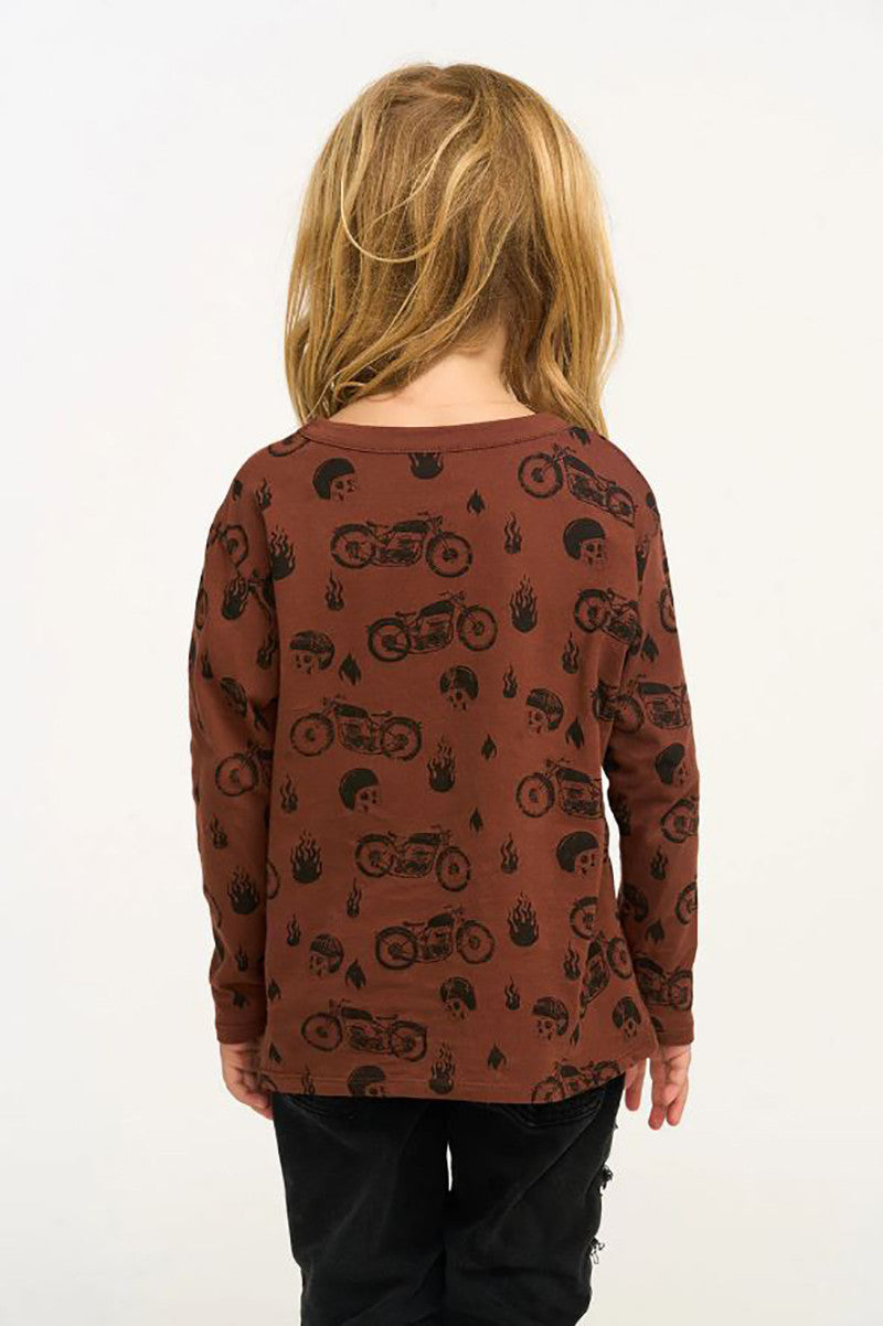Long sleeve moto flames crew neck tee in coffee back view