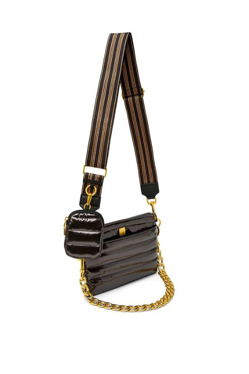 Downtown crossbody in dark mocha patent front view