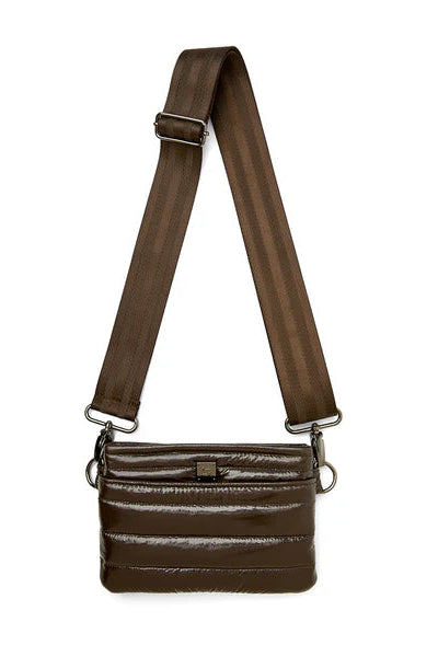 BUM BAG CROSSBODY IN GLOSSY CHOCOLATE FRONT VIEW