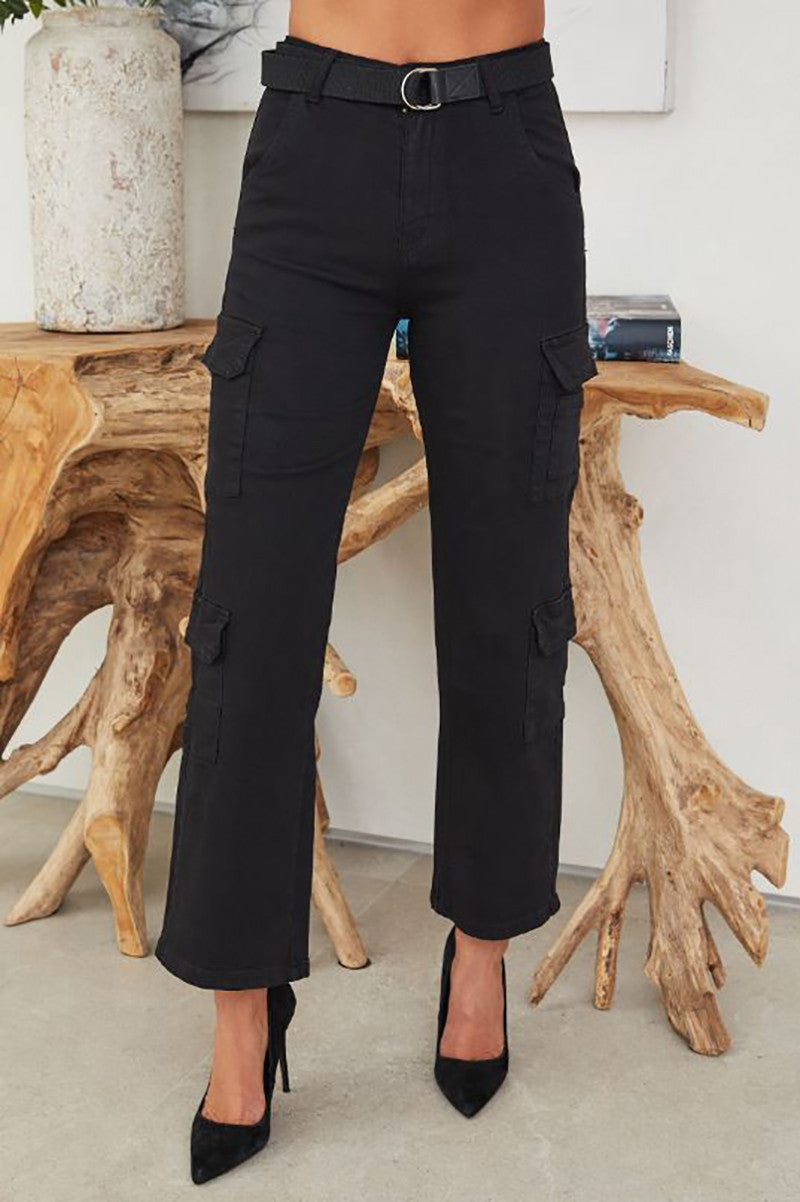 Four pocket cargo pants with belt black front view