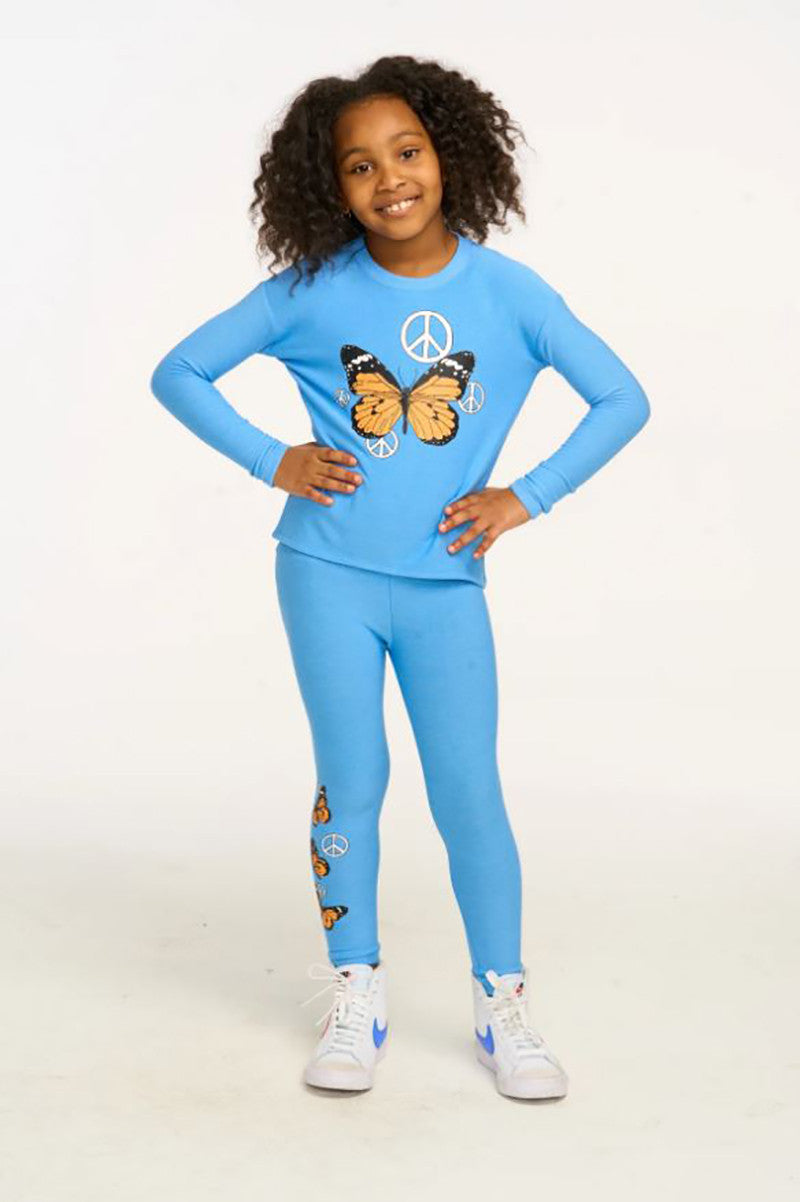 Peace butterfly slim legging with butterfly top in lake blue front view