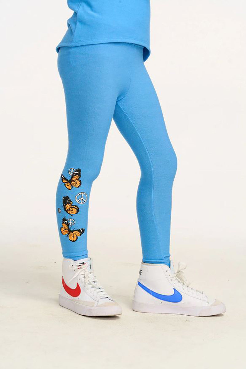 Peace butterfly slim legging with butterfly top in lake blue side view