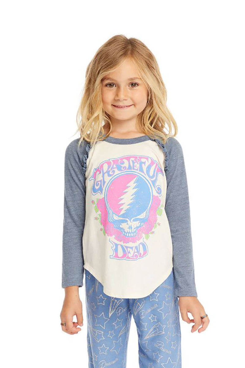 Grateful dead skull raglan tee in starry white front view