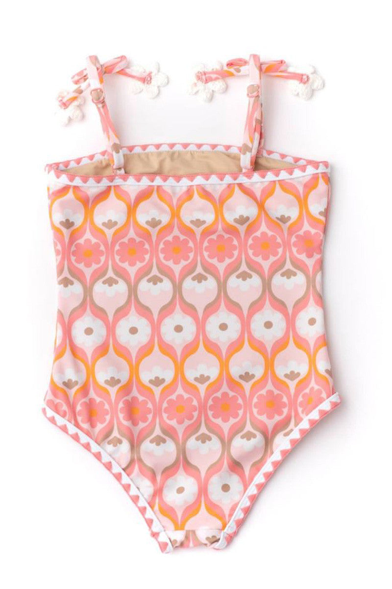 Crochet pom pom one piece in summer sorbet back view