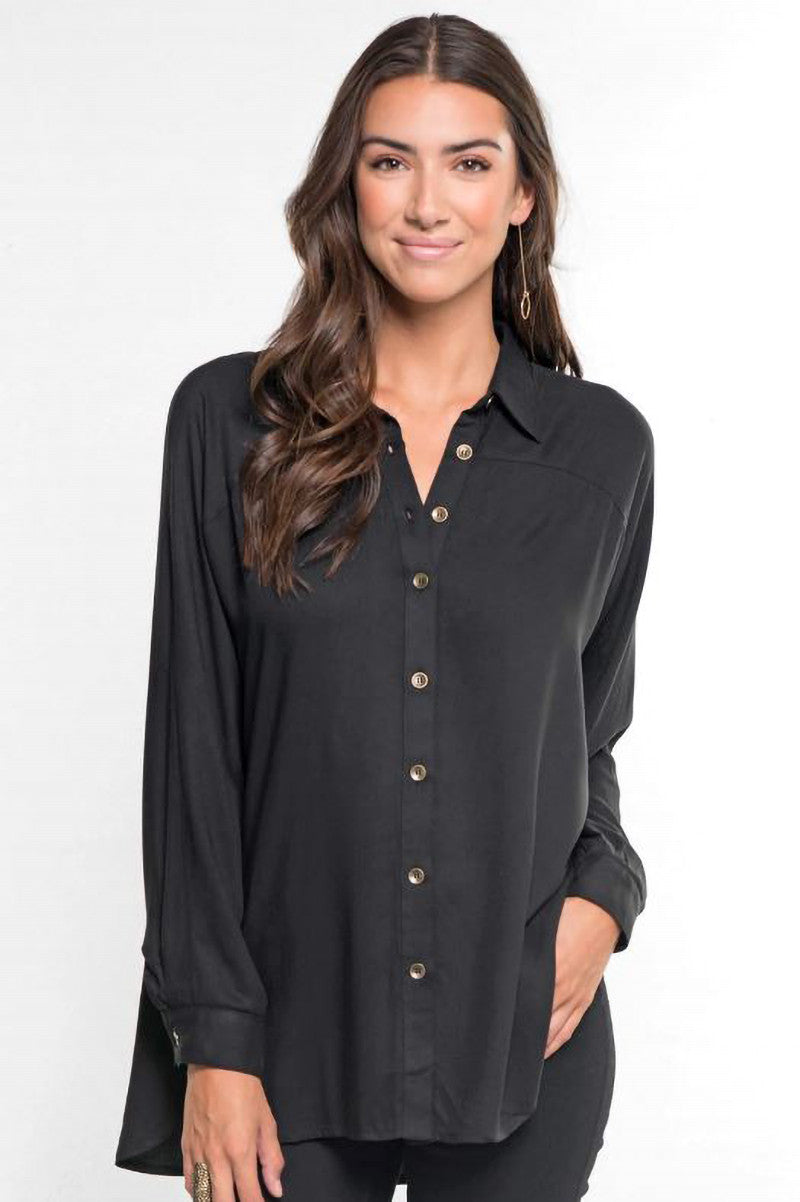 Solid Twill Long sleeve button up top in black front view