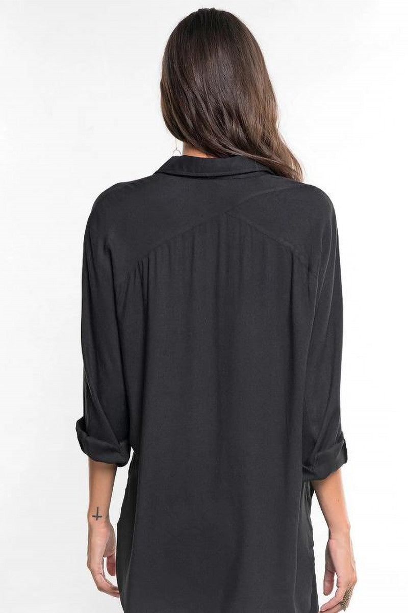Solid Twill Long sleeve button up top in black back view