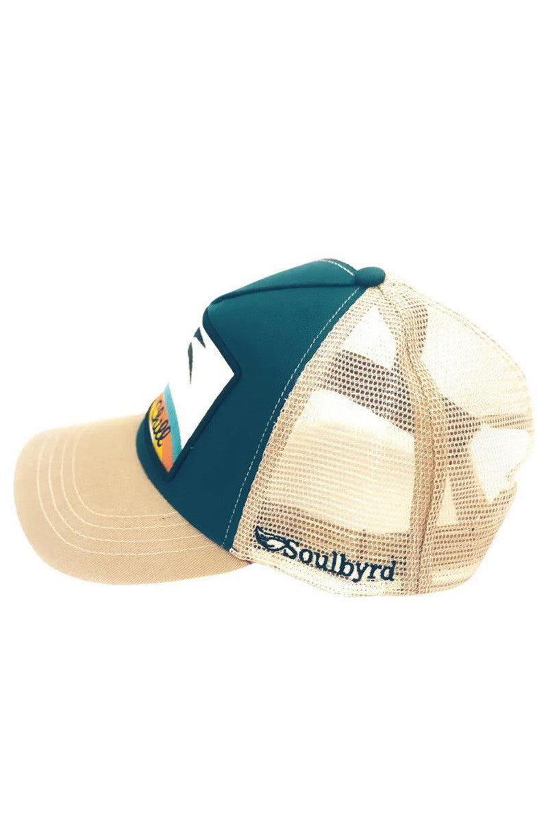 Chill trucker hat in tan and teal side view