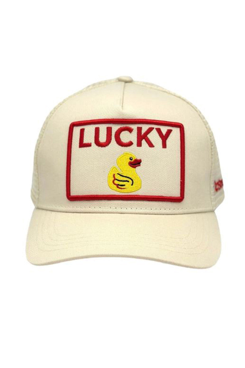 Lucky duck trucker hat in cream front view