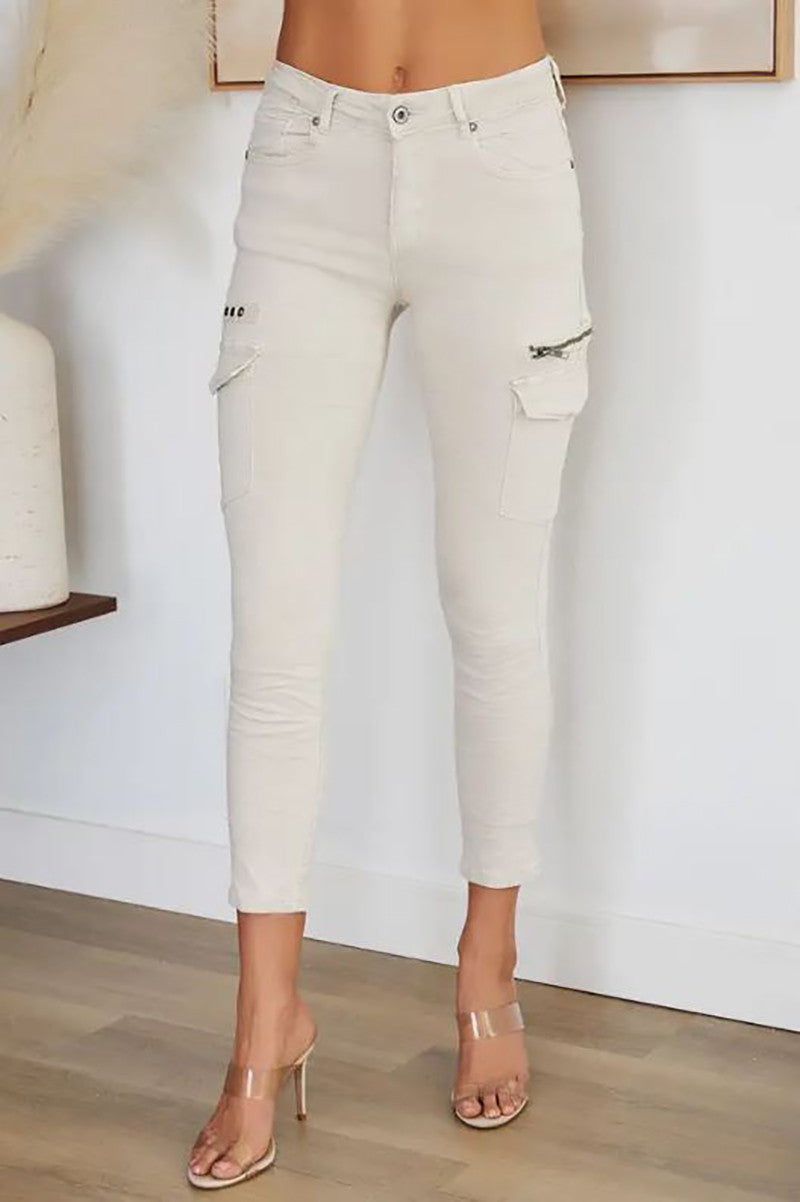 Crinkle jogger cargo pants in beige front view