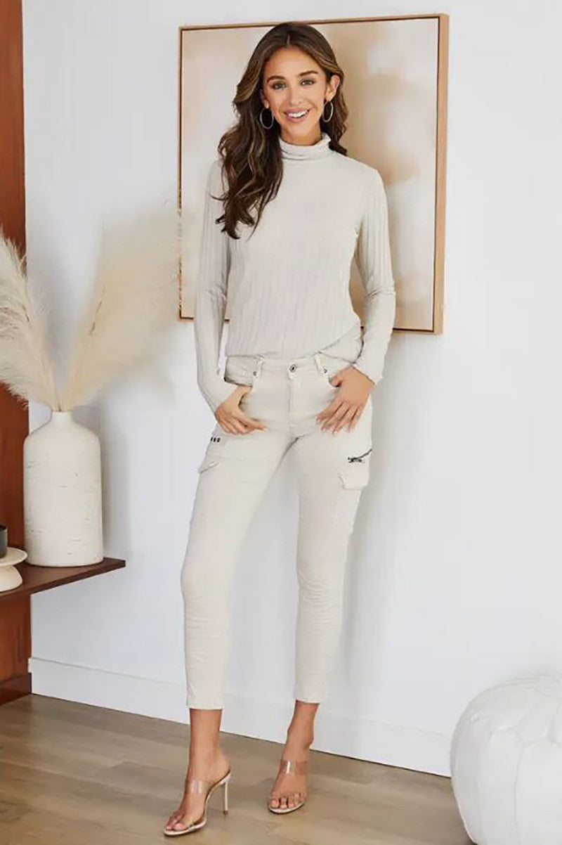 Crinkle jogger cargo pants in beige style view
