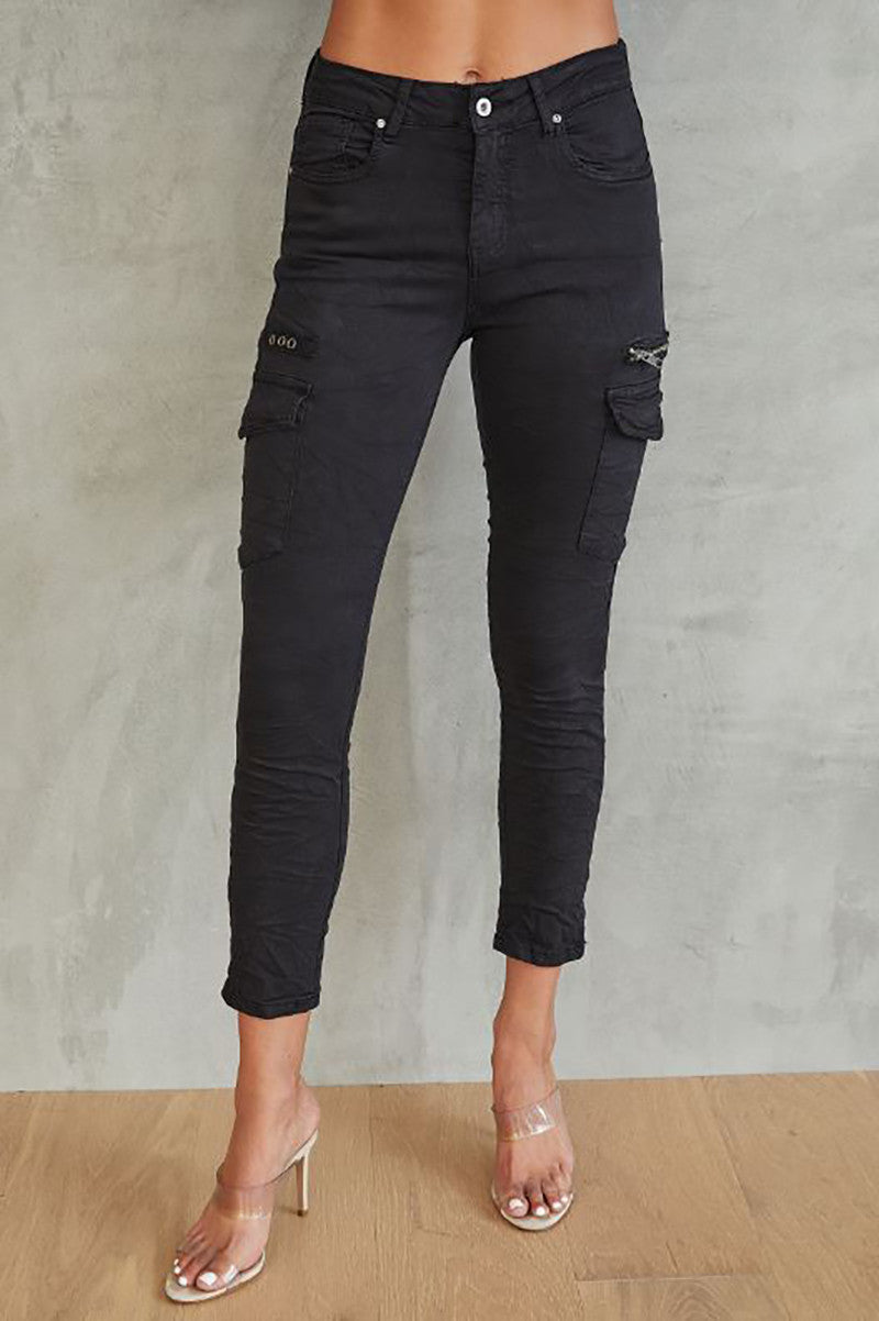 Crinkle jogger cargo pants in black front view