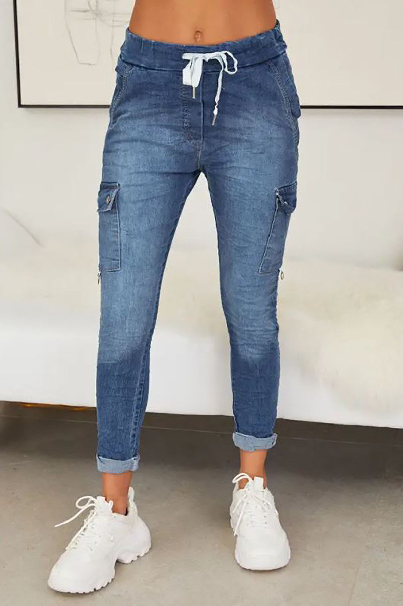 Washed denim cargo crinkle jogger in dark denim blue front view